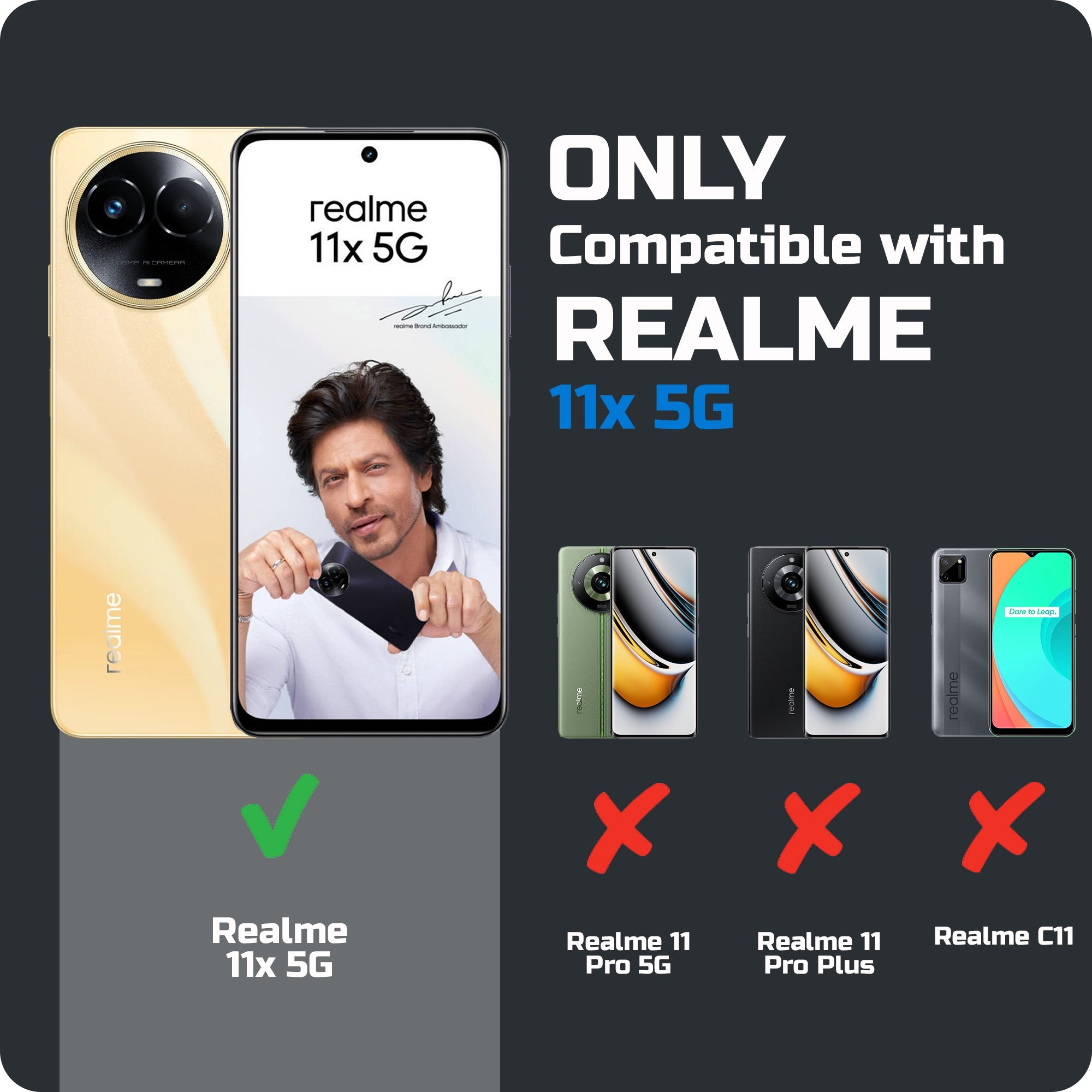Clear hard back case compatibility guide showing fit for Realme 11x 5G and not compatible with other models