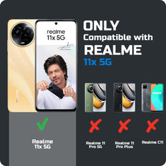 Clear hard back case compatibility guide showing fit for Realme 11x 5G and not compatible with other models