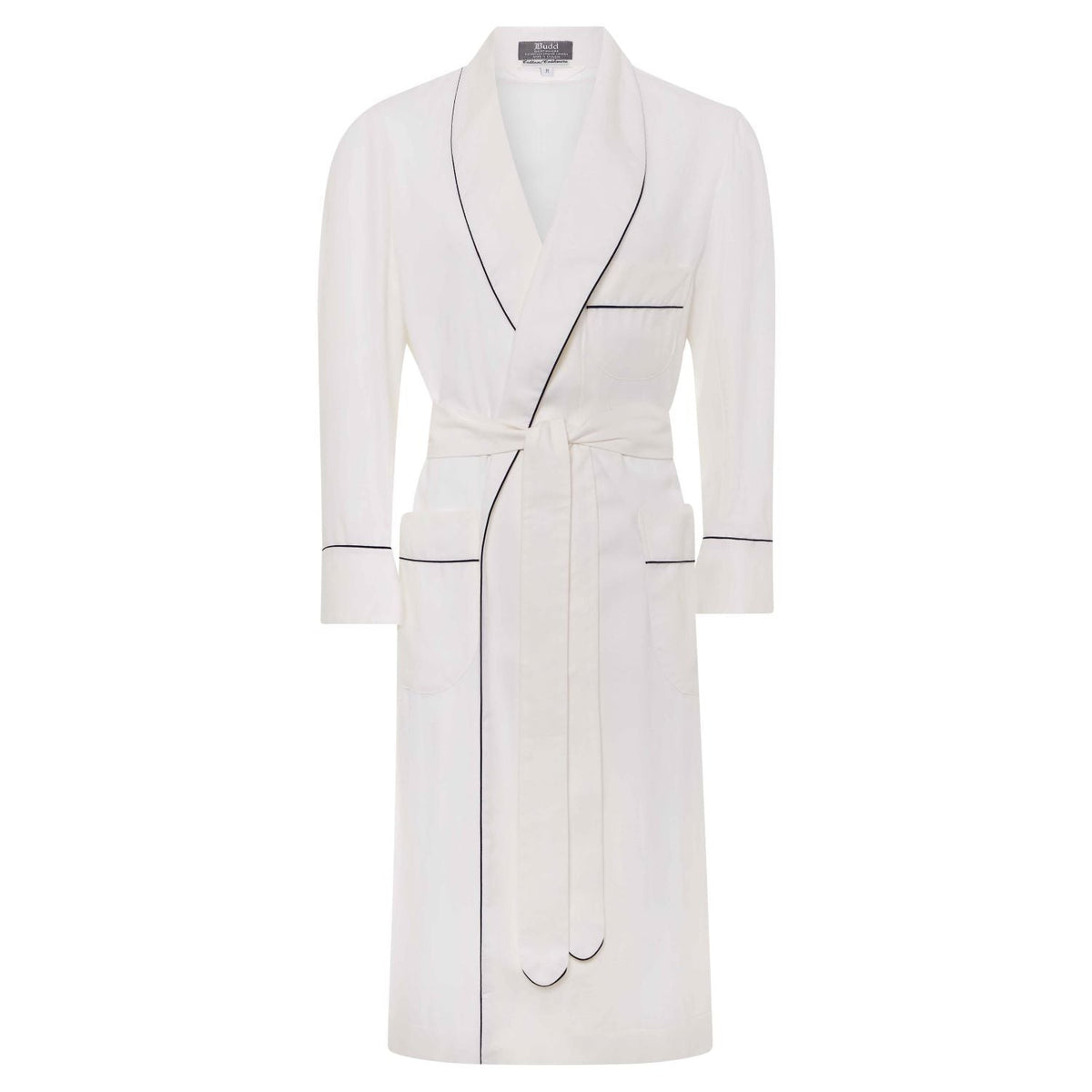White cotton and cashmere herringbone dressing gown with navy piping