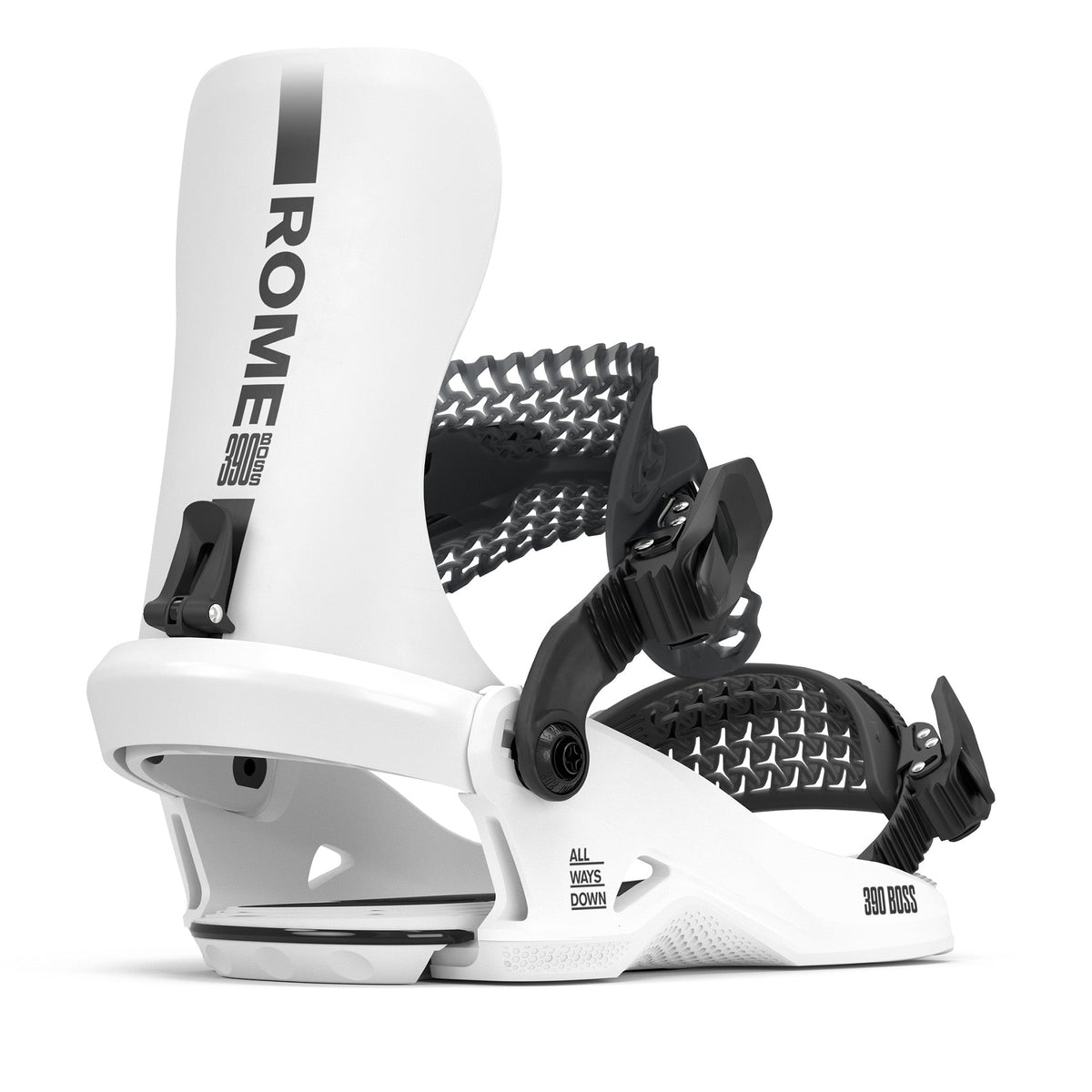2026 white Rome 390 Boss HW snowboard binding with black logo