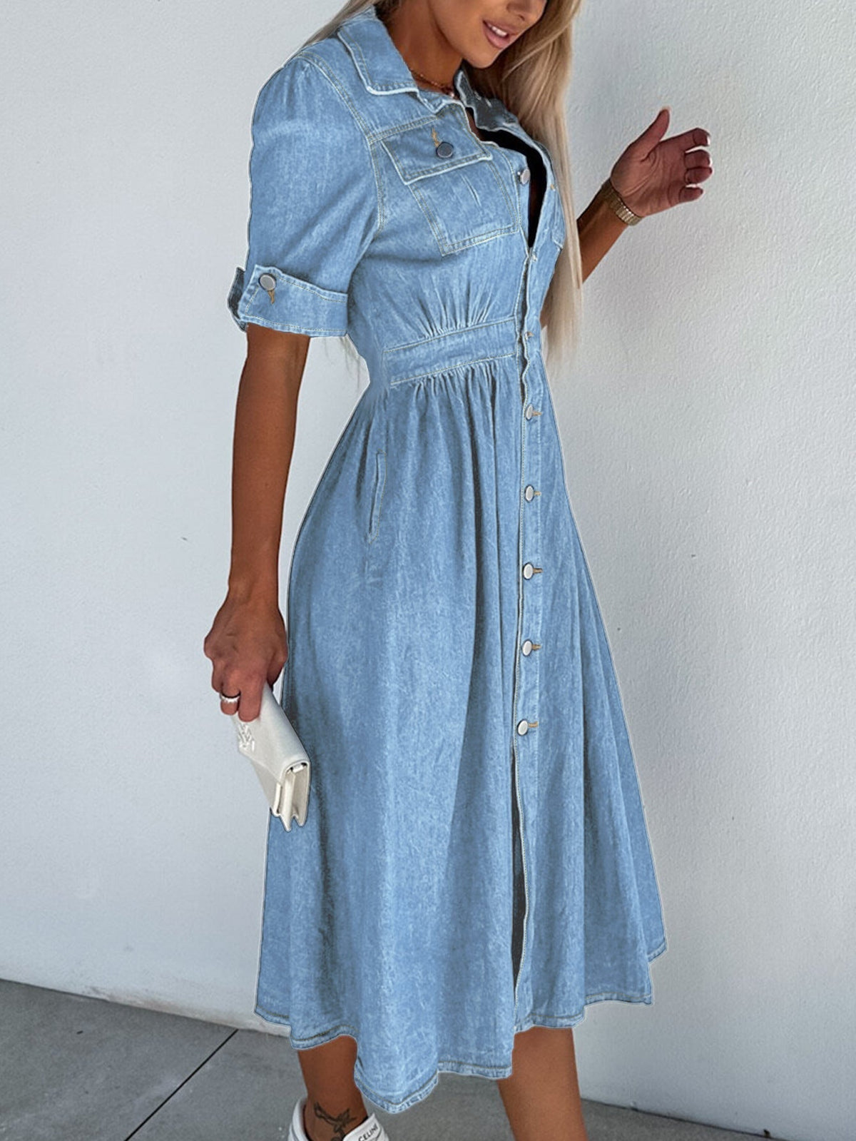 Rebecca - Professionele denim jurk: Effen Patchwork Turtleneck, Hoge taille, Korte mouwen, Blauw Casual normale pasvorm