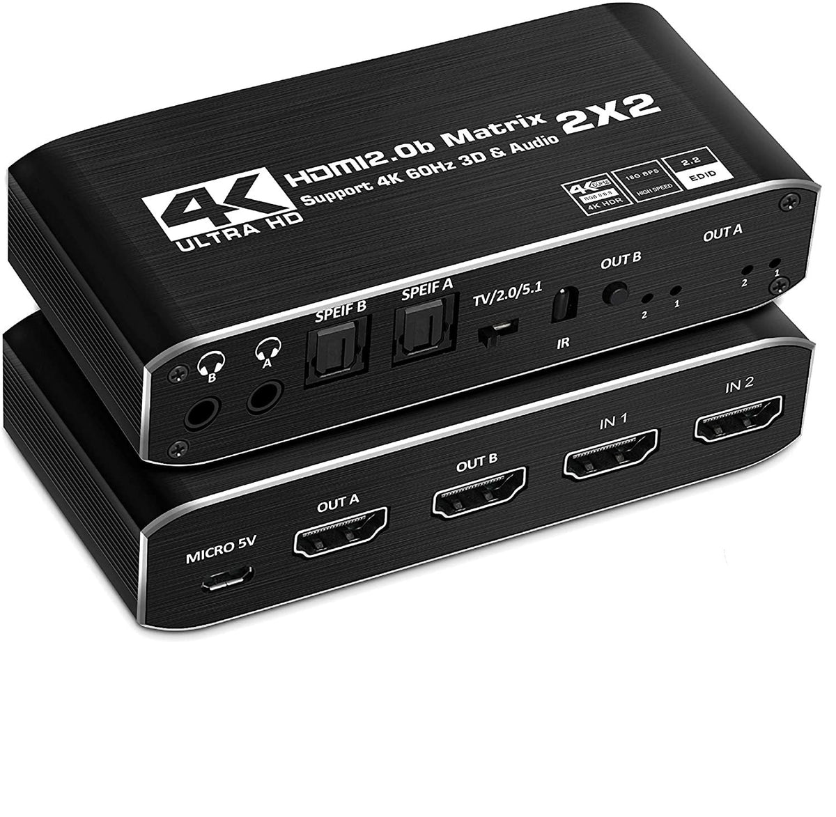 HDMI Matrix switch 2X2 med extractor 4K60Hz RGB 8:8:8 18Gbps 3D HDR HDCP2.2