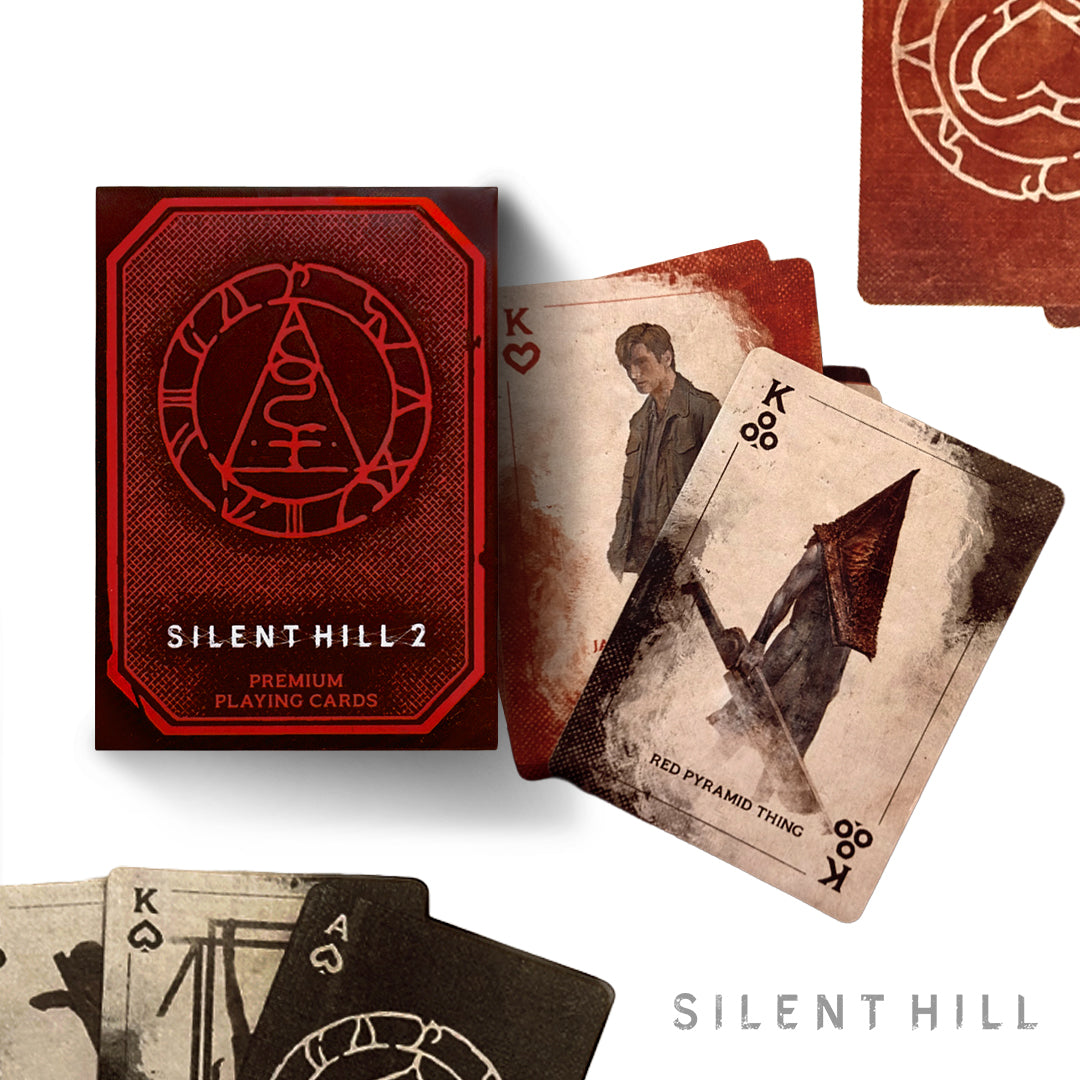Experience the chilling world of SILENT HILL 2 with these premium playing cards, featuring artwork from the latest edition showcasing your favorite characters and creatures.