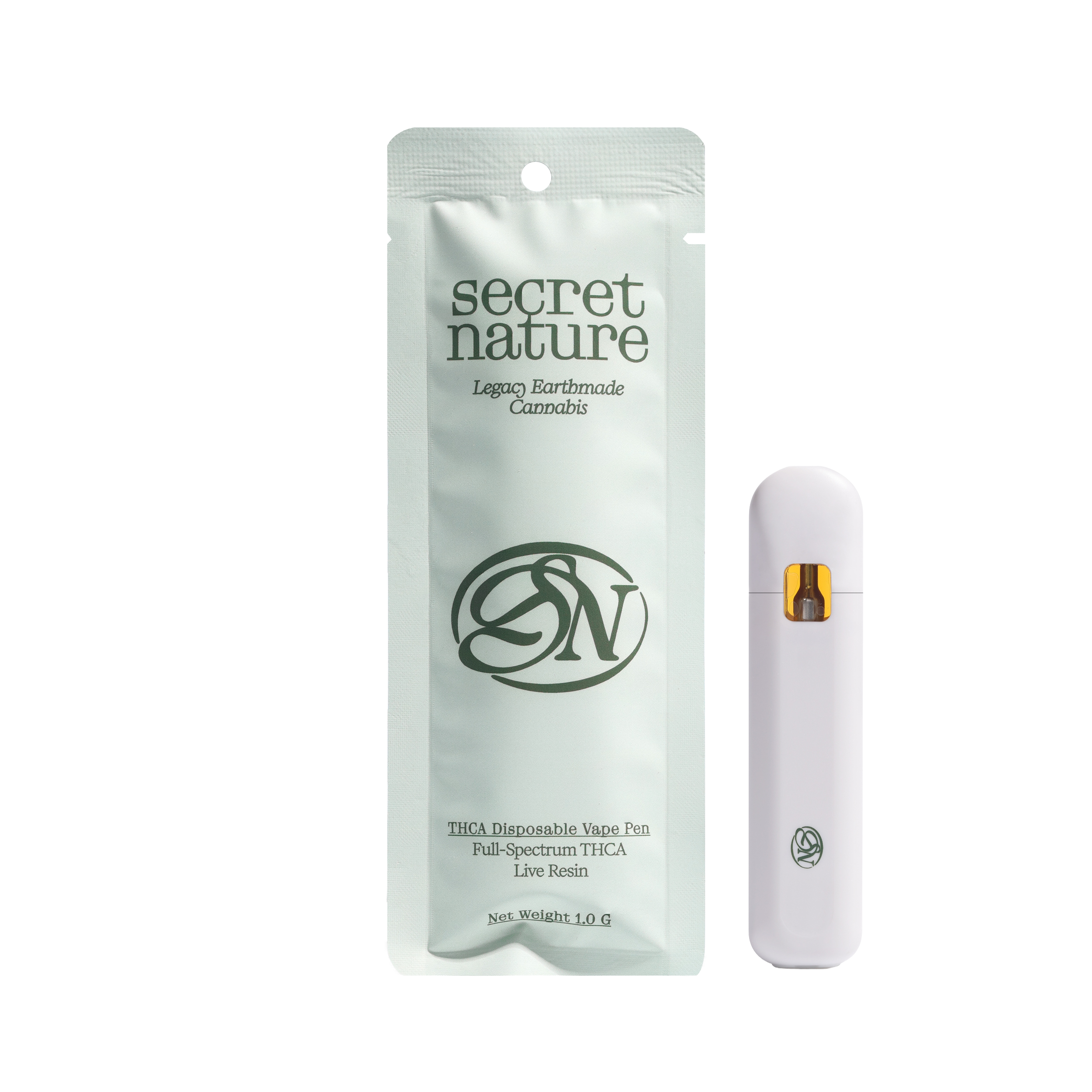 front of Secret Nature THCA vape pen packaging on transparent background