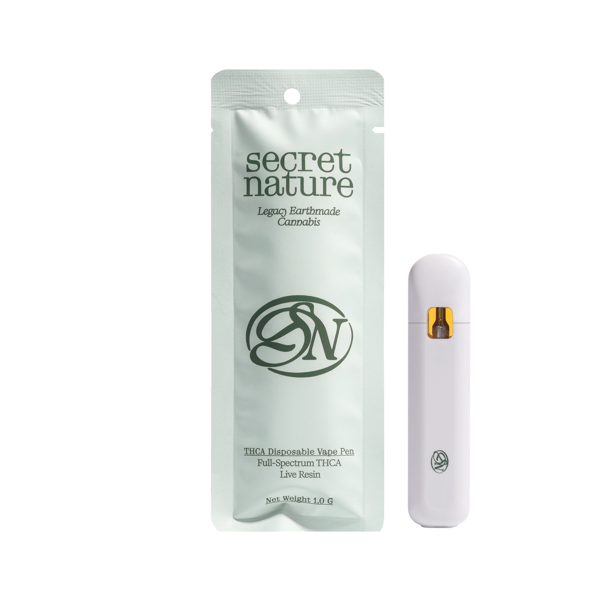 front of Secret Nature THCA vape pen packaging on transparent background
