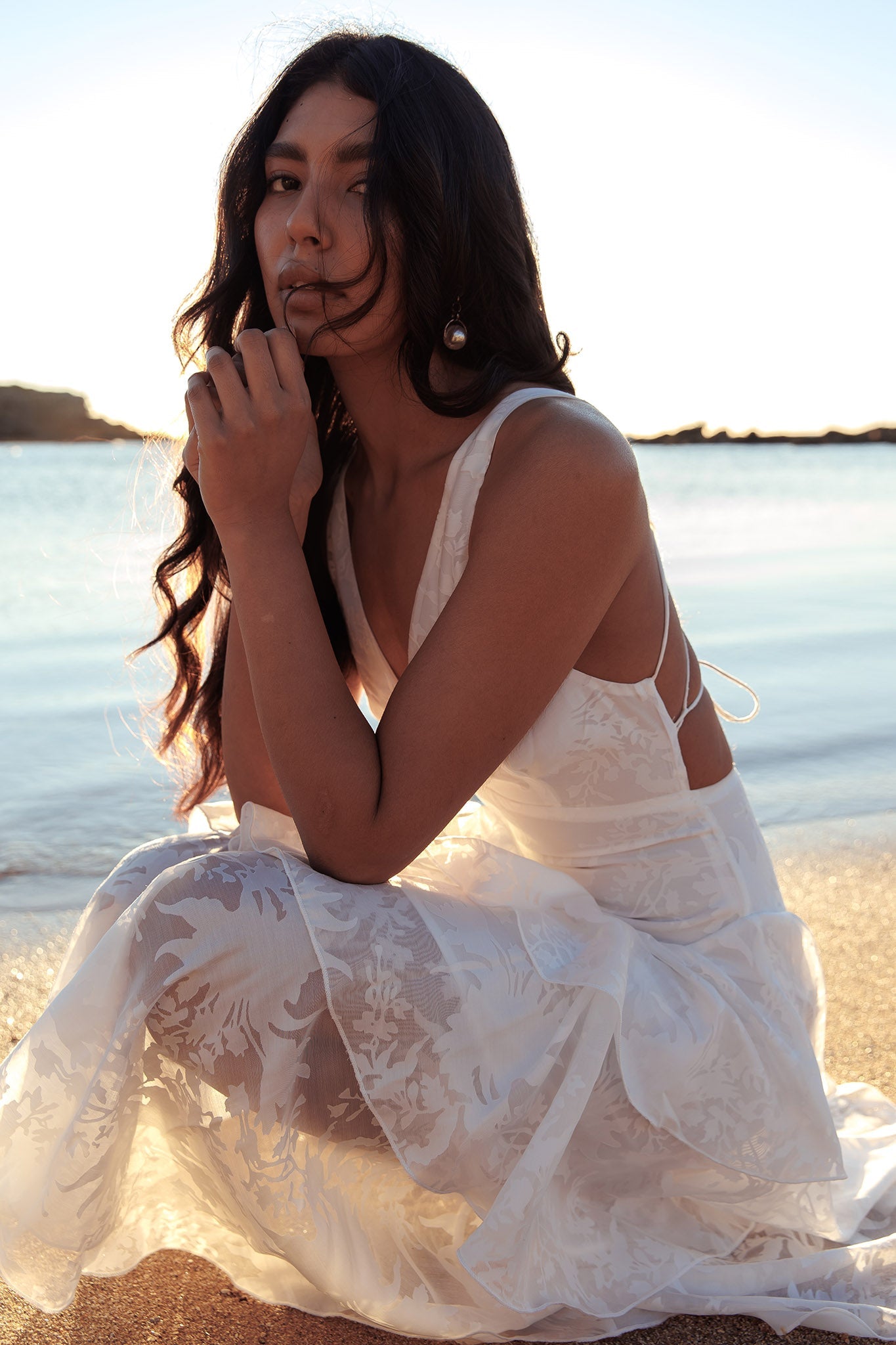 Veda Strappy Back Ruffle Chiffon Maxi Dress White by Selfie Leslie