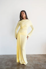 Tala Long Sleeve Asymmetrical Drape Maxi Dress in Butter Yellow
