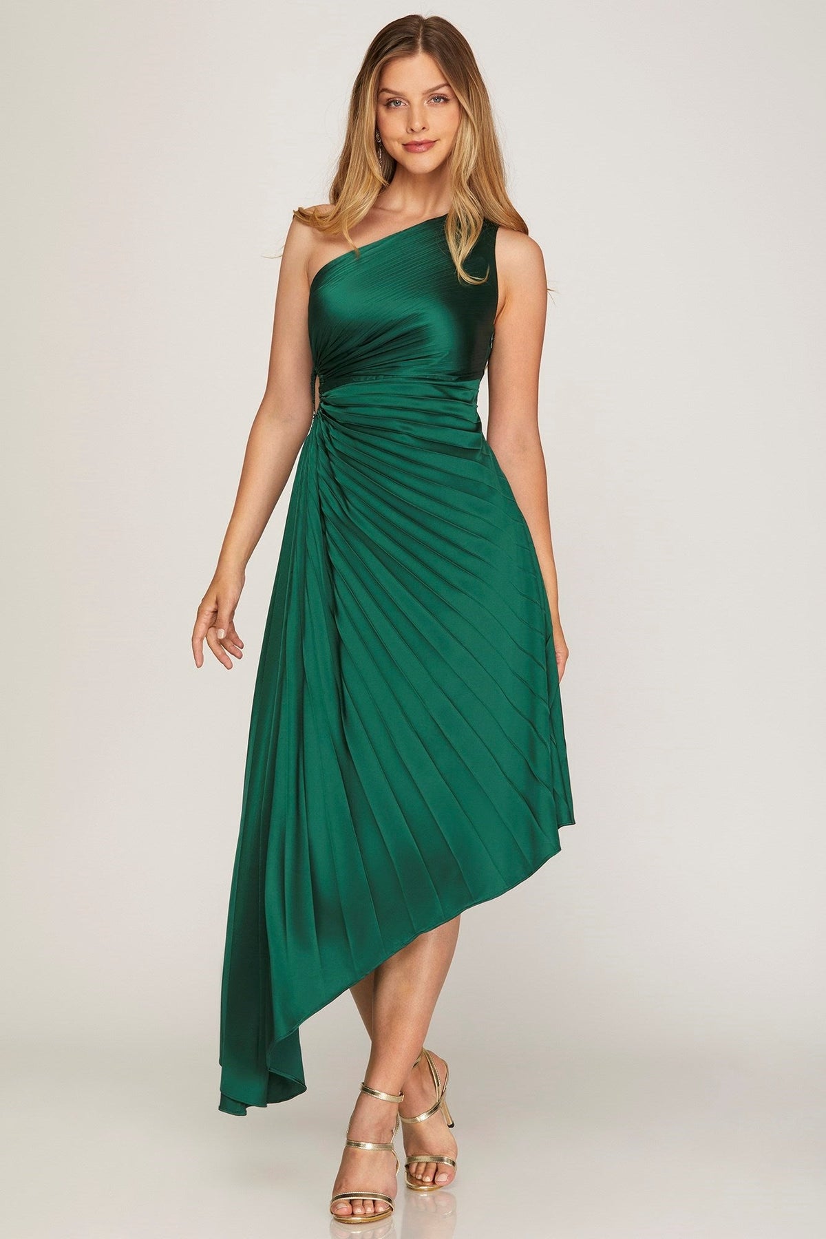 Daphne - One Shoulder Pleated Asymmetrical Woven Dress - Sea Green
