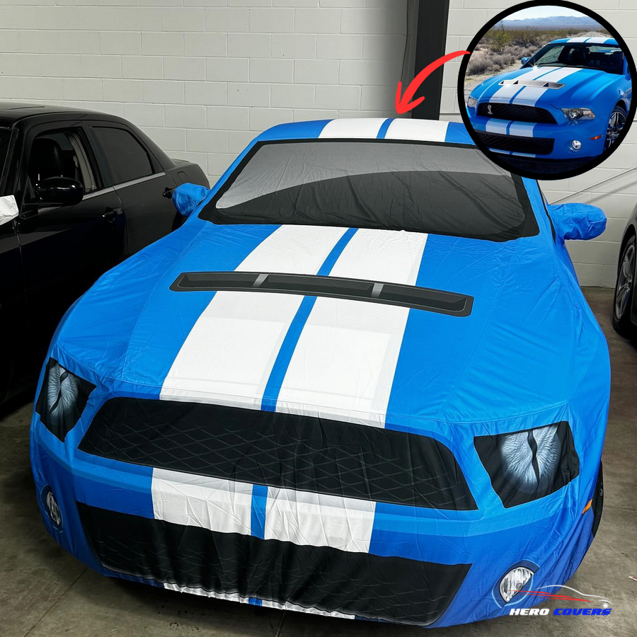 Blue car cover with white stripes- Hero Covers