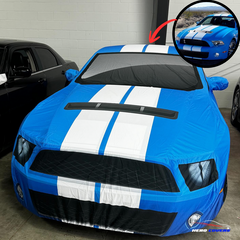 Blue car cover with white stripes- Hero Covers