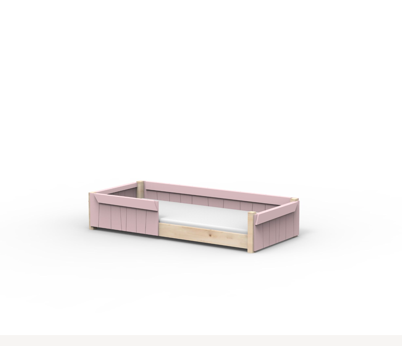 A modern, low-profile twin bed frame featuring a light wood structure with dusty pink upholstered panels and a white guardrail.