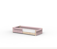A modern, low-profile twin bed frame featuring a light wood structure with dusty pink upholstered panels and a white guardrail.