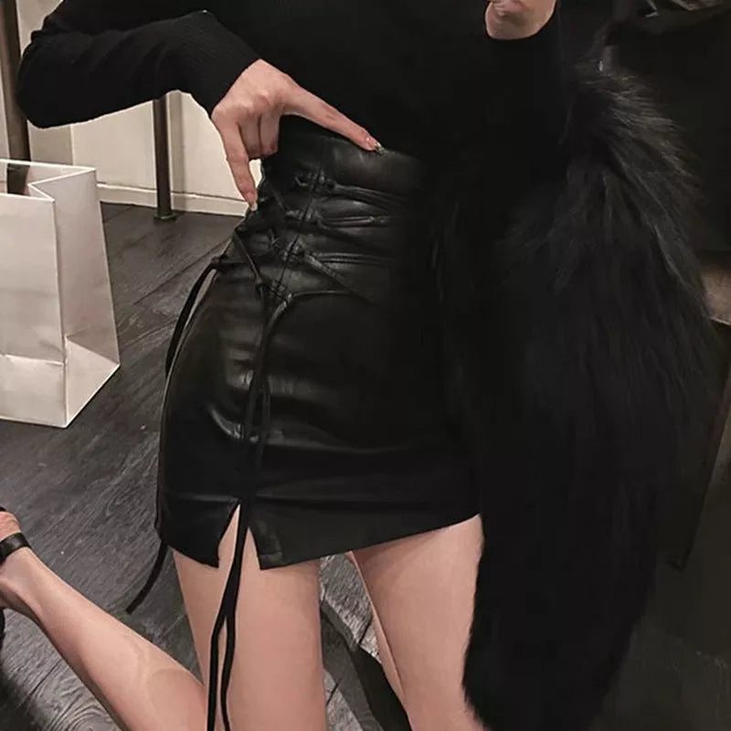 Getadme Gothic Solid Sexy Mini Black Skirt Y2k Woman Lace-up Punk New Hippie High Waist Faldas Leather Pencil Skirt Streetwear Club