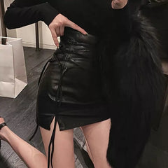 Getadme Gothic Solid Sexy Mini Black Skirt Y2k Woman Lace-up Punk New Hippie High Waist Faldas Leather Pencil Skirt Streetwear Club