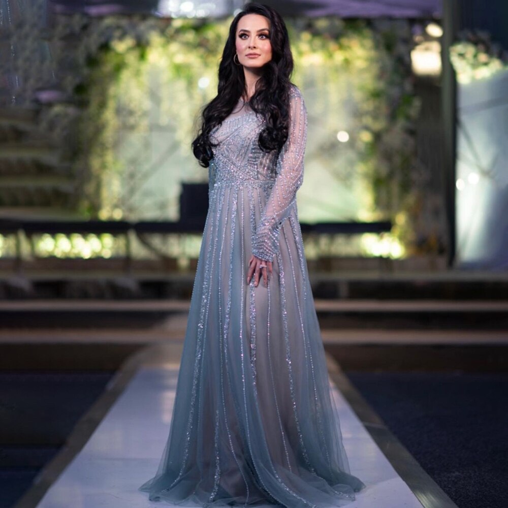 Luxury Turquoise Nude A-Line Evening Dresses Gowns Long Sleeves Beaded Elegant 2025 For Women Party LA71659
