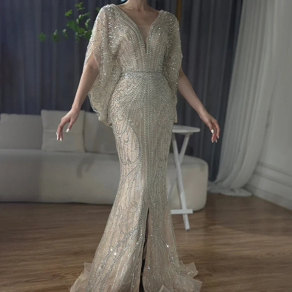 Beaded V-Neck Mermaid Evening Gown with Court Train – Elegant Sleeveless Tulle Dress