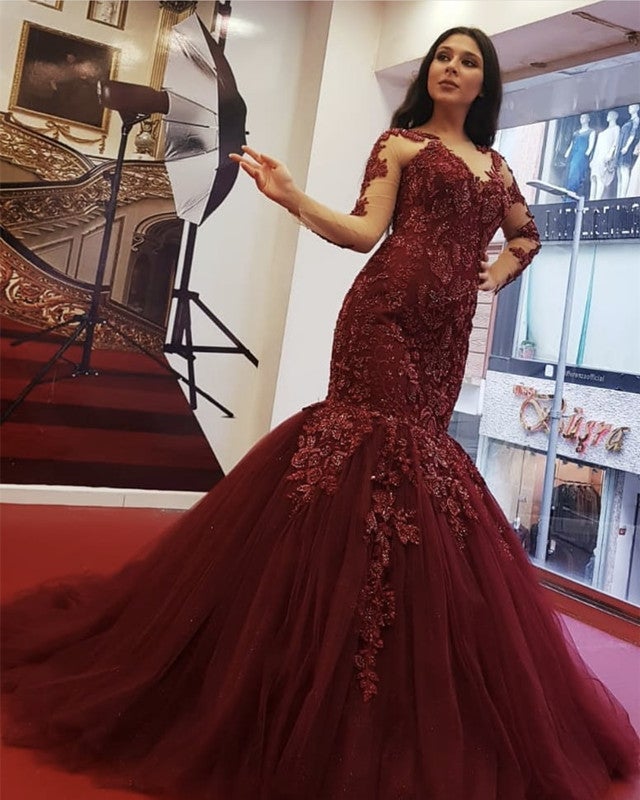 Sheer Neckline Lace Beaded Tulle Mermaid Dresses With Sleeves