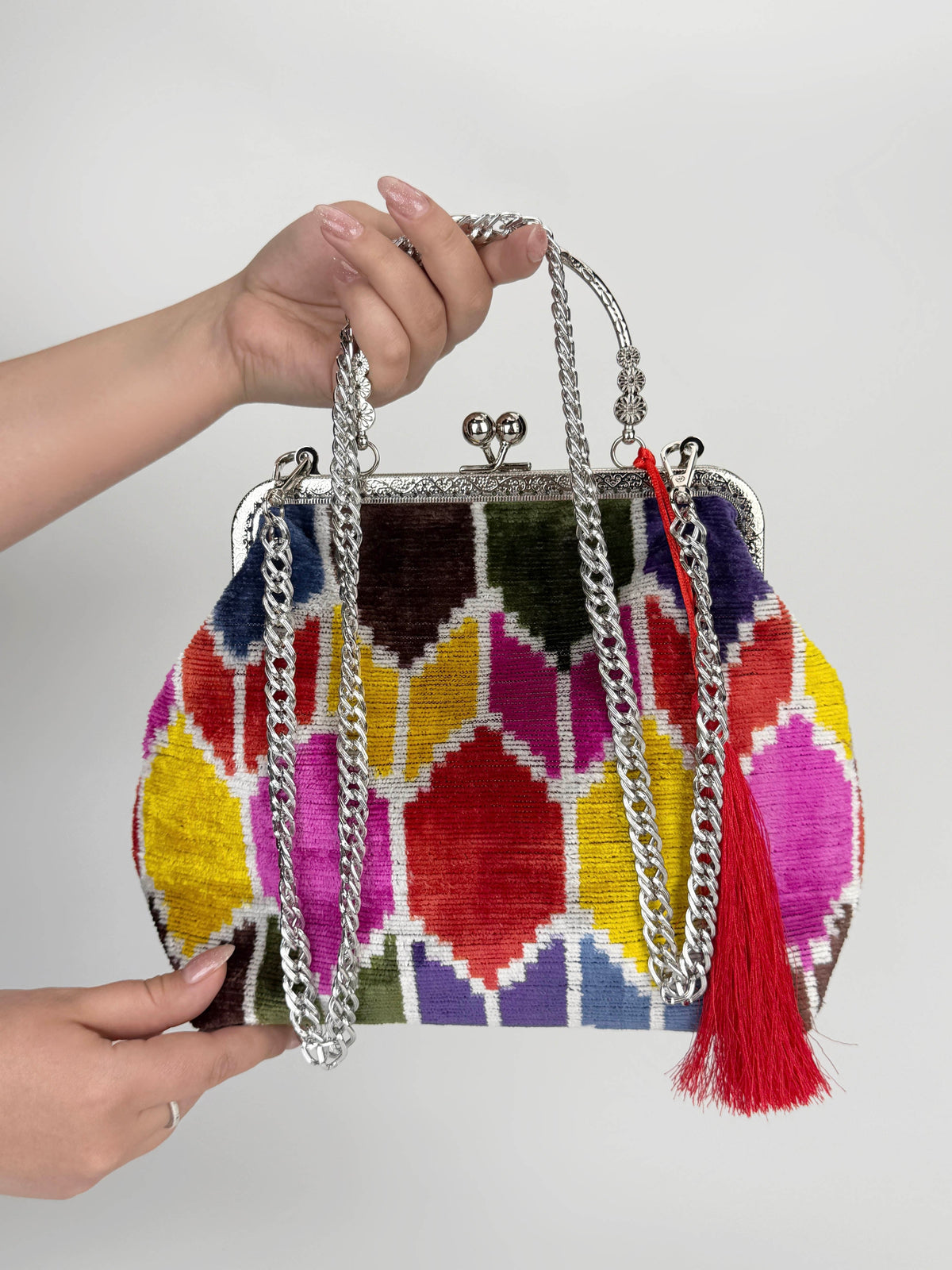 Multicolor Bukhara Velvet Ikat Clutch Bag - Hand-Made Ikat Handbag, Bright Clutches, Boho Evening Bag, Ikat Velvet Purse, Mini Bag
