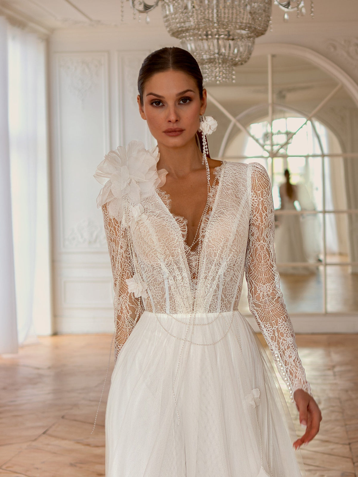 Long Sleeve Lace and Stretch Tulle Wedding Dress with Deep V Neck | Flowing A-Line Silhouette
