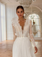 Long Sleeve Lace and Stretch Tulle Wedding Dress with Deep V Neck | Flowing A-Line Silhouette