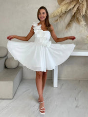 Simple One Shoulder Floral White Chiffon Short Prom Dresses, One Shoulder White Homecoming Dresses with 3D Flowers
