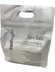 A white plastic bag labeled 'Fresh Water' containing spa salt.