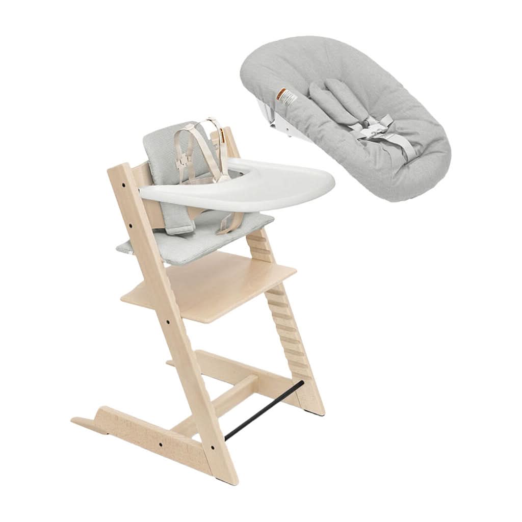 Stokke Tripp Trapp High Chair 2 with Cushion, Newborn Set and Stokke Tray-High Chairs-Stokke-Natural with Nordic Grey-ANB Baby Store