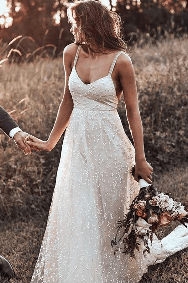 Straps Long Train A-line Lace Simple Rustic Backless Wedding Dress WD555 - Pgmdress