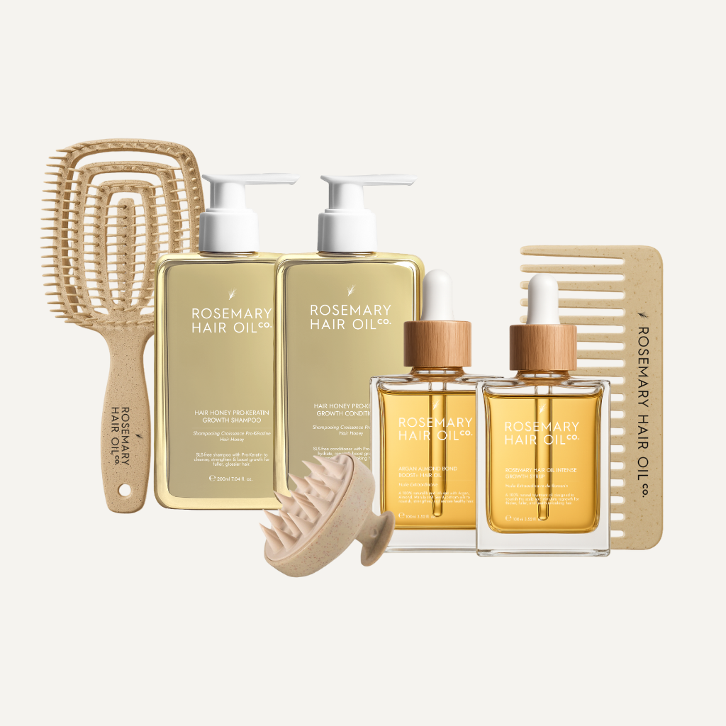 Complete Hair Growth Kit featuring Rosemary Hair Oil Intense Growth Syrup, Hair Honey Pro-Keratin Shampoo, Conditioner, Scalp Massager and Detangling Comb. Bundle and save