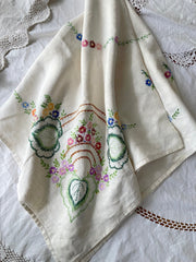 ヴィンテージ リネン お花 手刺繍 スクエア マルチクロス 麻