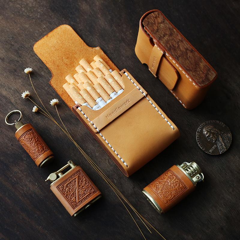 Cool Wooden Beige Leather Mens Cigarette Case Custom Cigarette Holder for Men - imessengerbags