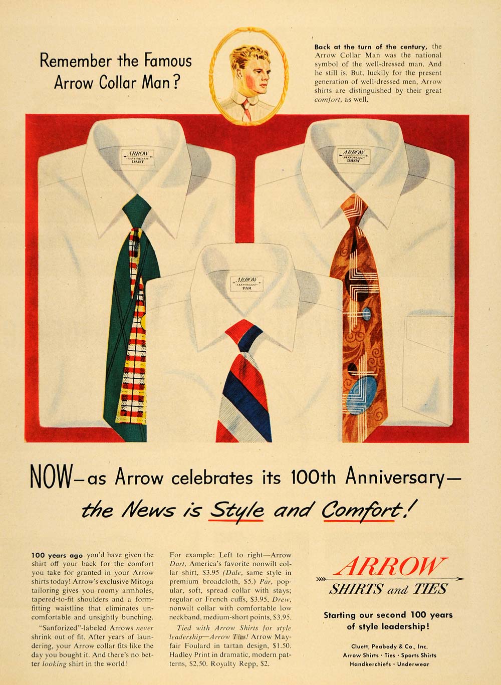 1951 Ad Arrow Shirts Ties Collar Men Clothing Dart Drew - ORIGINAL TM6