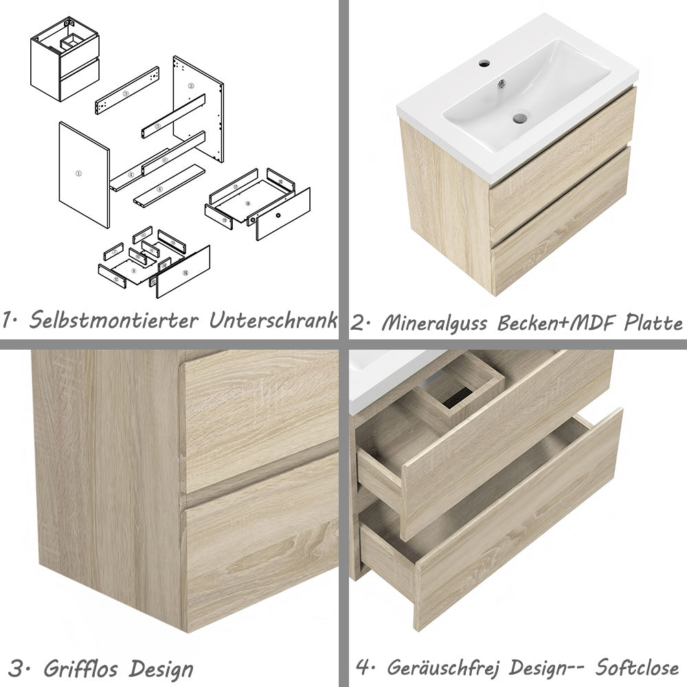 Biubiubath Badmöbel 50/60/80/100/120 cm Mineralguss-Waschtisch mit Unterschrank Badmöbel-Set Badezimmerschrank mit 2 Soft-Close-Schubladen Weiß matt/Dunkelgrau matt/Eiche matt/Weiß Hochglanz/Schwarz Hochglanz