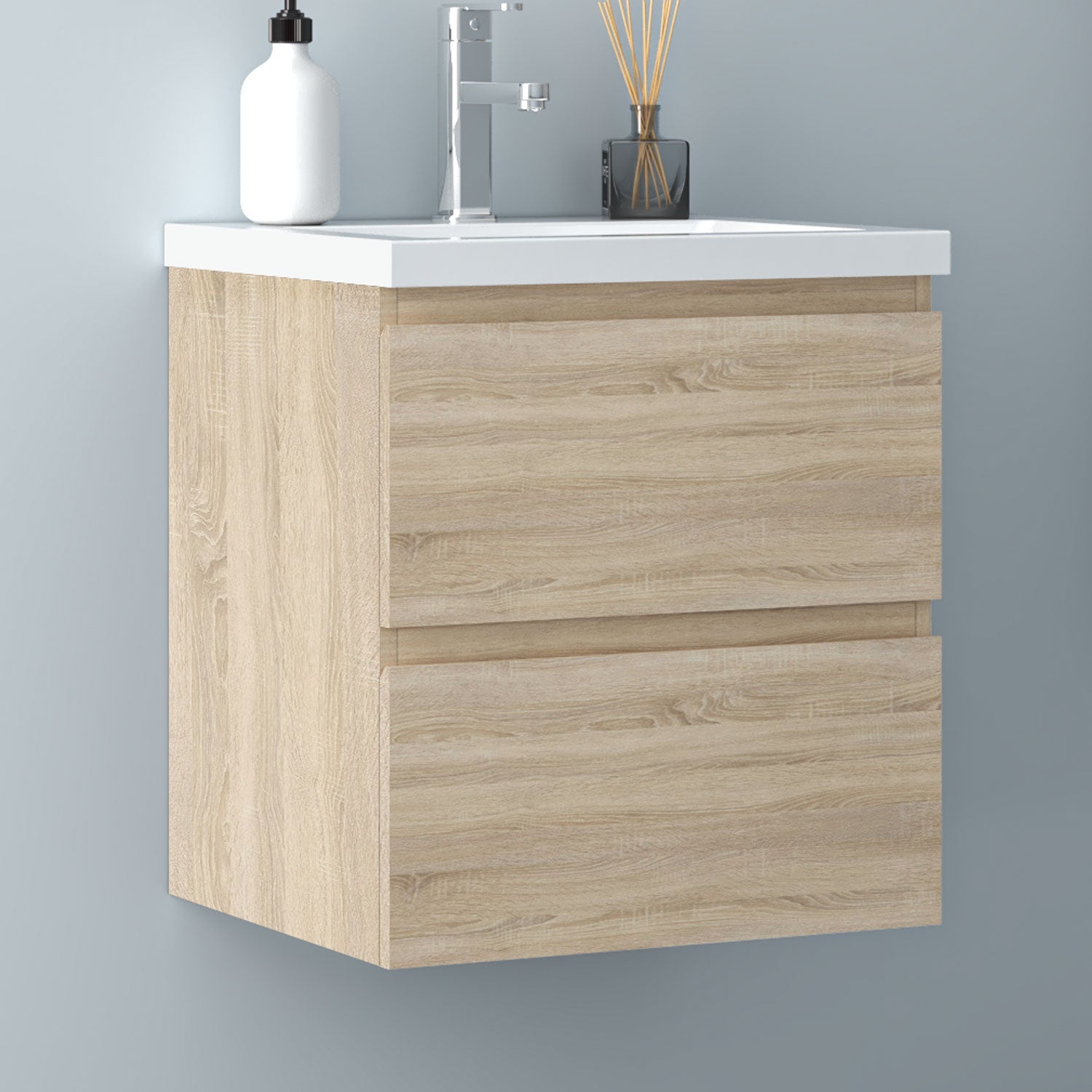 Biubiubath Badmöbel 50/60/80/100/120 cm Mineralguss-Waschtisch mit Unterschrank Badmöbel-Set Badezimmerschrank mit 2 Soft-Close-Schubladen Weiß matt/Dunkelgrau matt/Eiche matt/Weiß Hochglanz/Schwarz Hochglanz