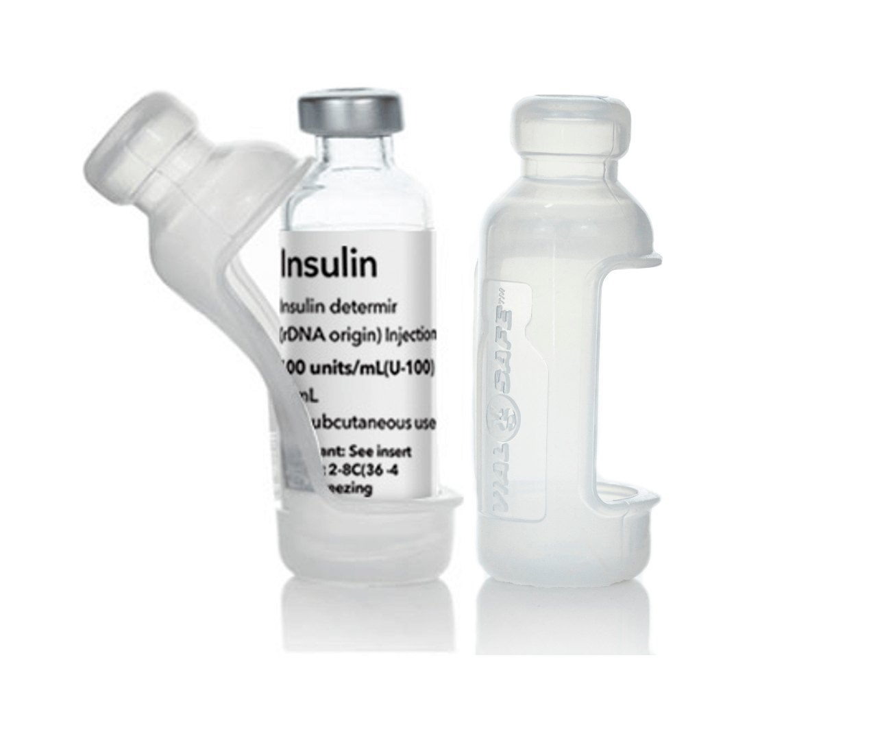 Original clear color style Vial Safe insulin vial protector case.  Shows a 2-pack of clear colored Vial Safe insulin vial protector cases for 10mL vials of Lantus, Apidra or Admelog.