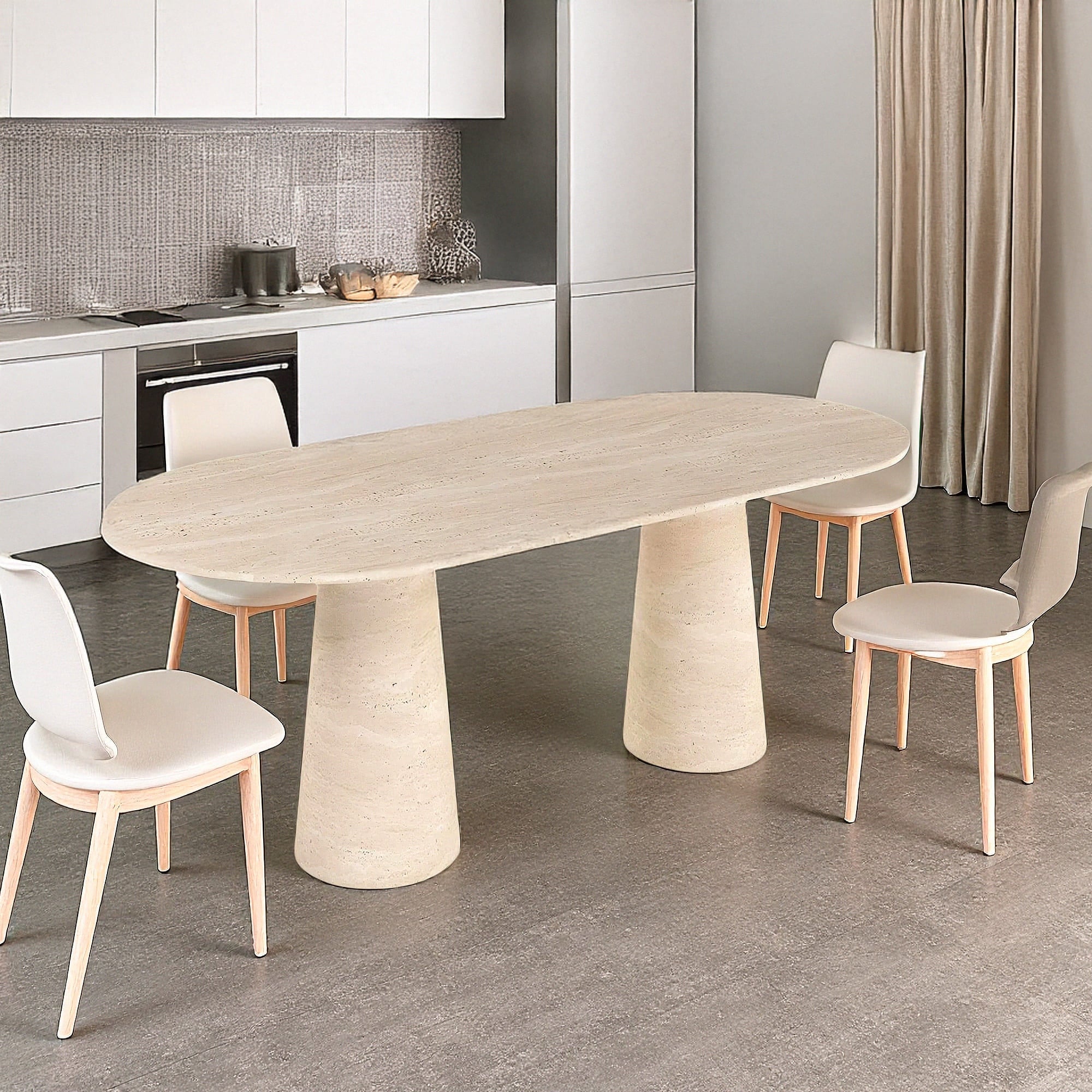 Travertin Eettafel Ovaal Twee Kegel Poten | Alvaux 