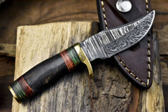 Twist Damascus Skinner Knife with Ram's Horn Handle and Brass Guard