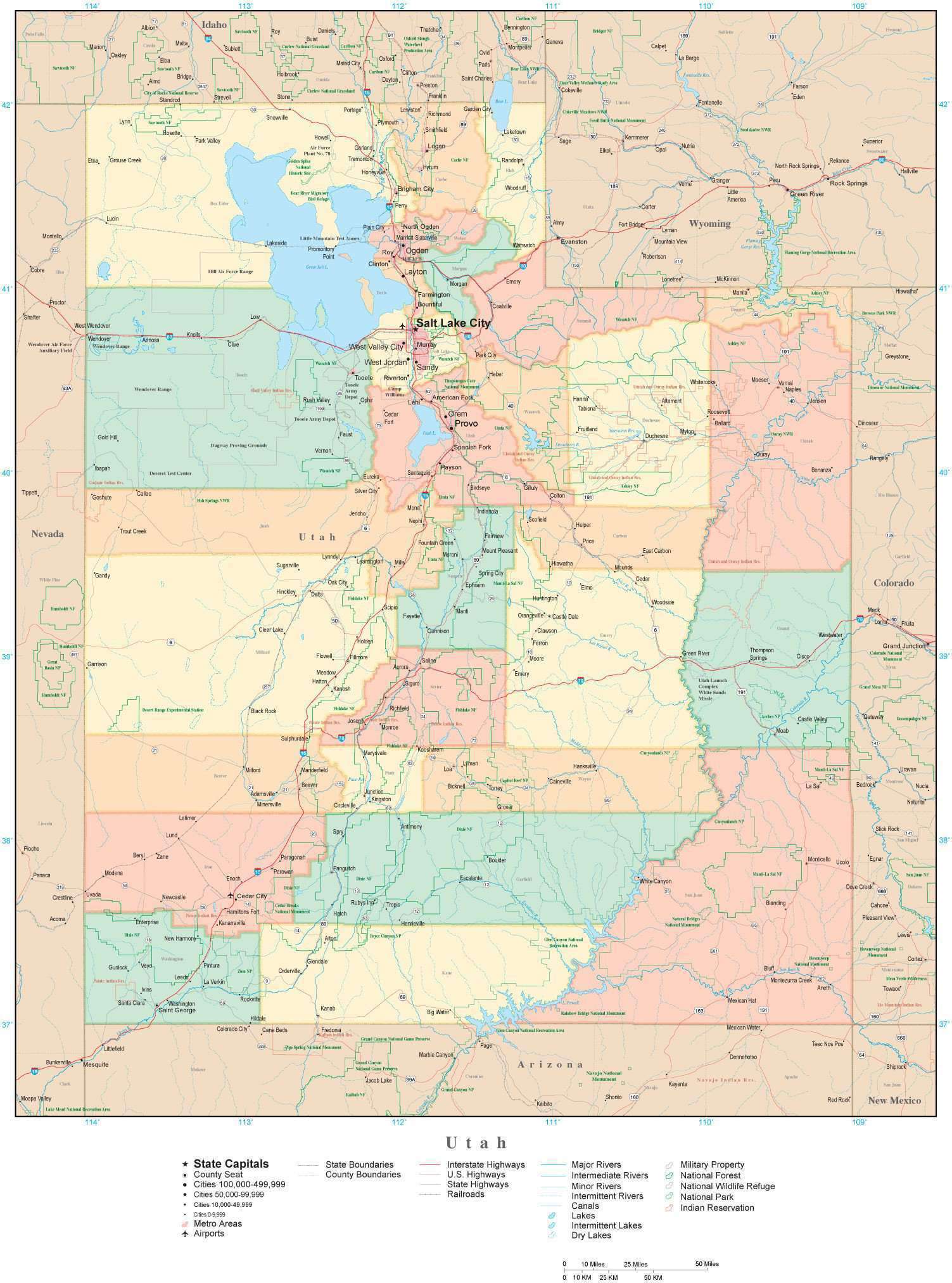Detailed Utah Digital Map with Counties, Cities, Highways, Railroads, Airports, and more