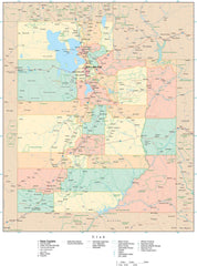 Detailed Utah Digital Map with Counties, Cities, Highways, Railroads, Airports, and more