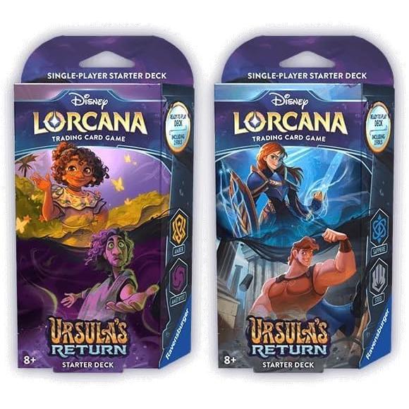 Two Disney Lorcana TCG "Ursula's Return" Starter Decks are shown, each featuring unique characters and captivating artwork on the packaging.