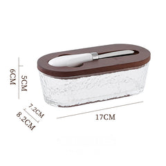 Brown - Hammer texture Elegant Glass Butter Dish with Wooden Lid & Matching Spreader - Sealed Butter Keeper for Freshness