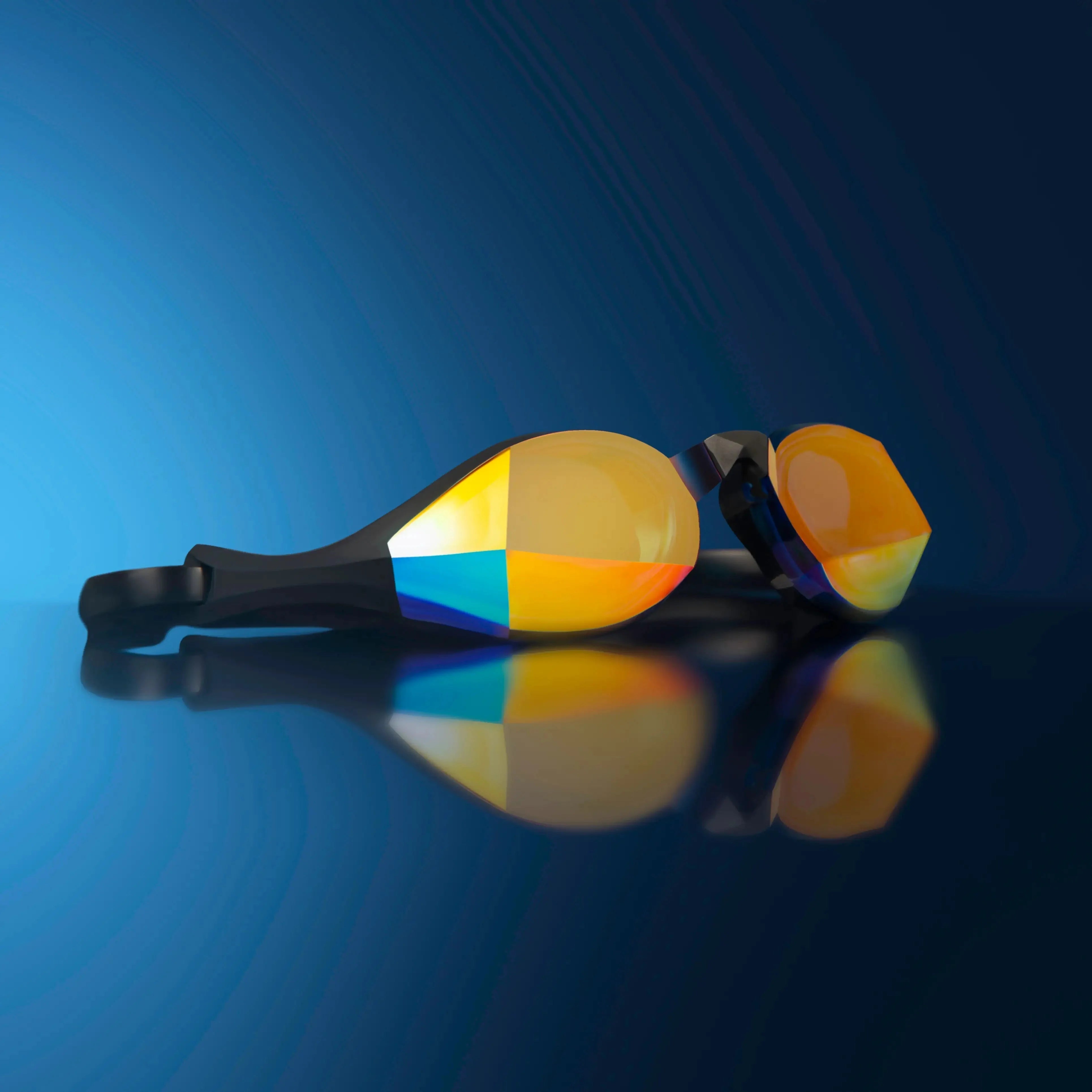 Vector Blue Magic Mirror Gold custom-fit mirrored swimming goggles by THEMAGIC5 designed for glare reduction, anti-fog clarity, outdoor swimming, and competitive performance.