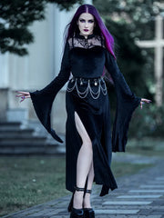 Scarlet Darkness Victorian Gothic Stand Collar Lace Velvet Slit Dress