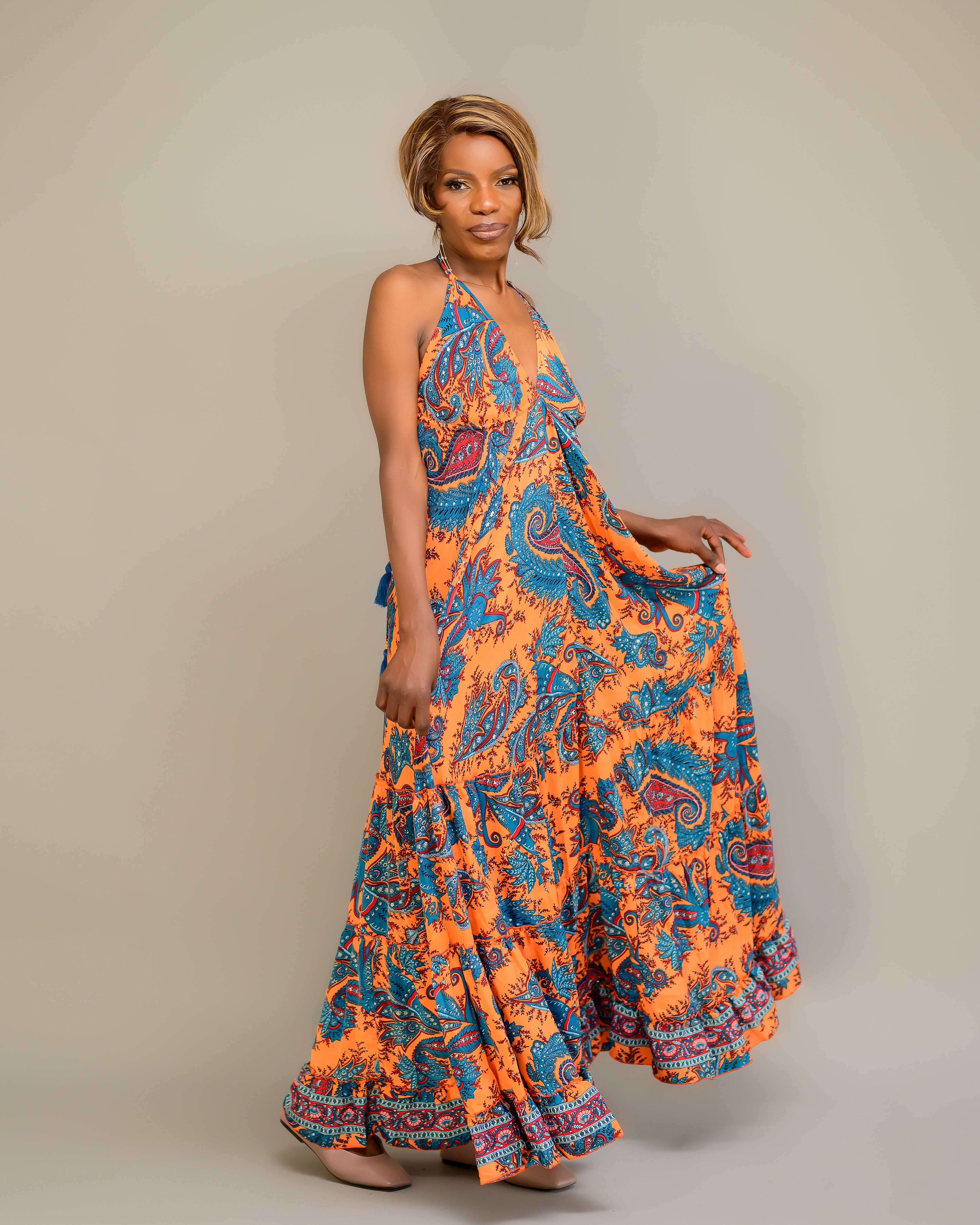 Beach Frill Long Dress - Silk Maxikleid Orange Blau Rückenfrei