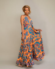 Beach Frill Long Dress - Silk Maxikleid Orange Blau Rückenfrei
