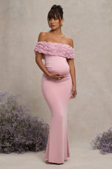 Inflorescence | Blush Pink Mesh Floral Bardot Maternity Maxi Dress - Club L London - USA
