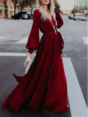 A-line Burgundy Long Prom Dresses Long Sleeve Simple Cheap Prom Dress SED561|Selinadress