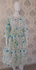 White & Blue Floral Printed Mulmul Cotton Chikankari Gown With Dori
