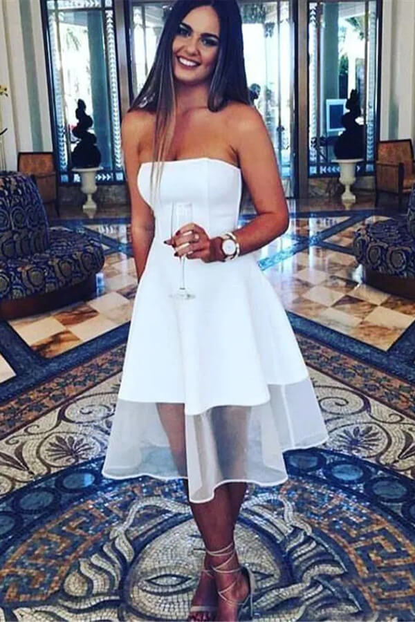 White Strapless A-line Knee-Length Homecoming Dress, Graduation Dress, MH590 | white homecoming dress | school event dresses | short party dress | musebridals.com