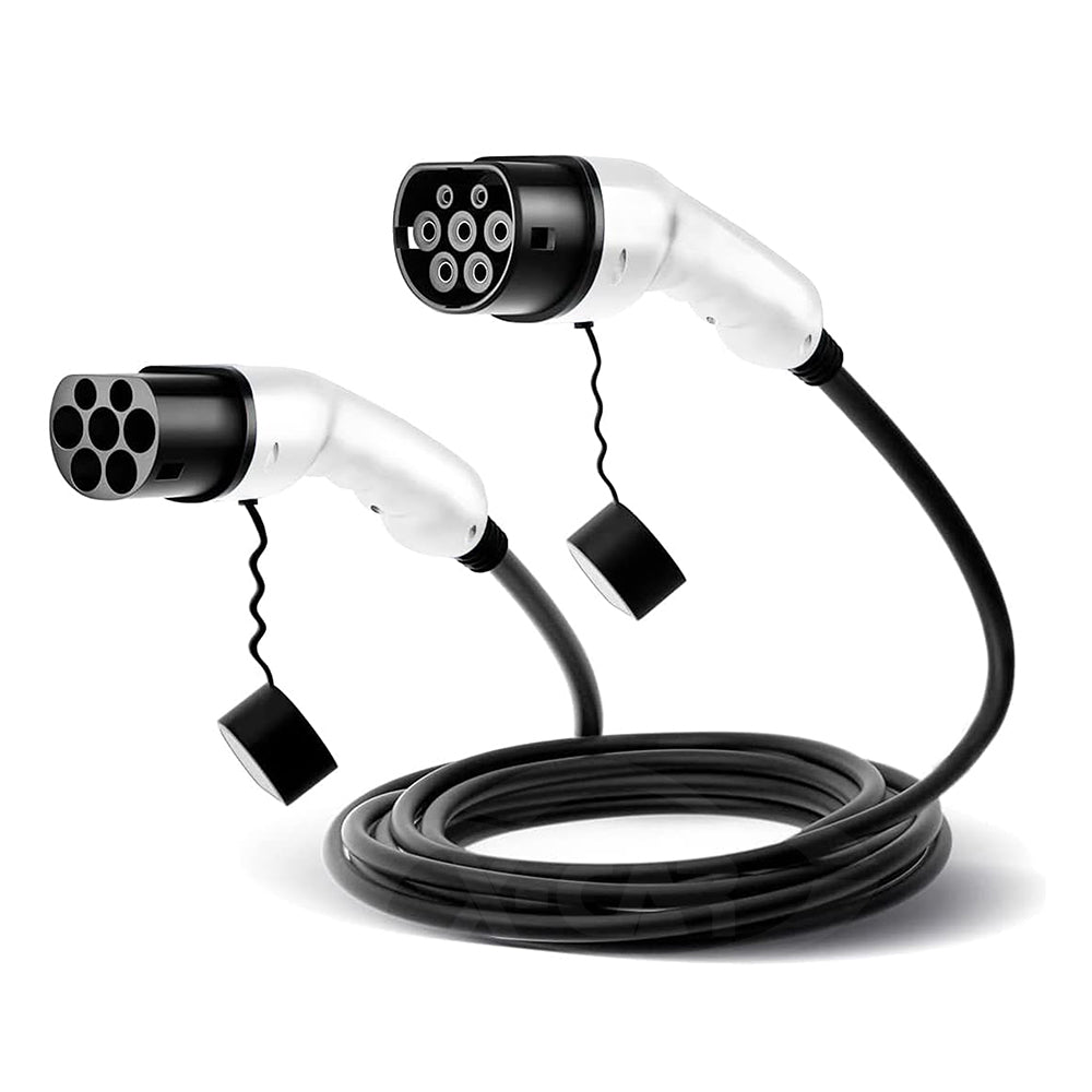 A 5-meter Type 2 X-CAR charging cable with a Type 2 plug on each end, designed for charging electric vehicles at a charging station.